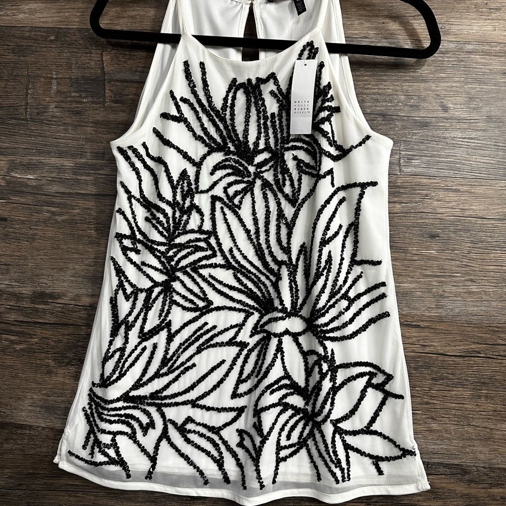 White House Black Market White and Black Beaded Floral Tank Top - Picture 4 of 8